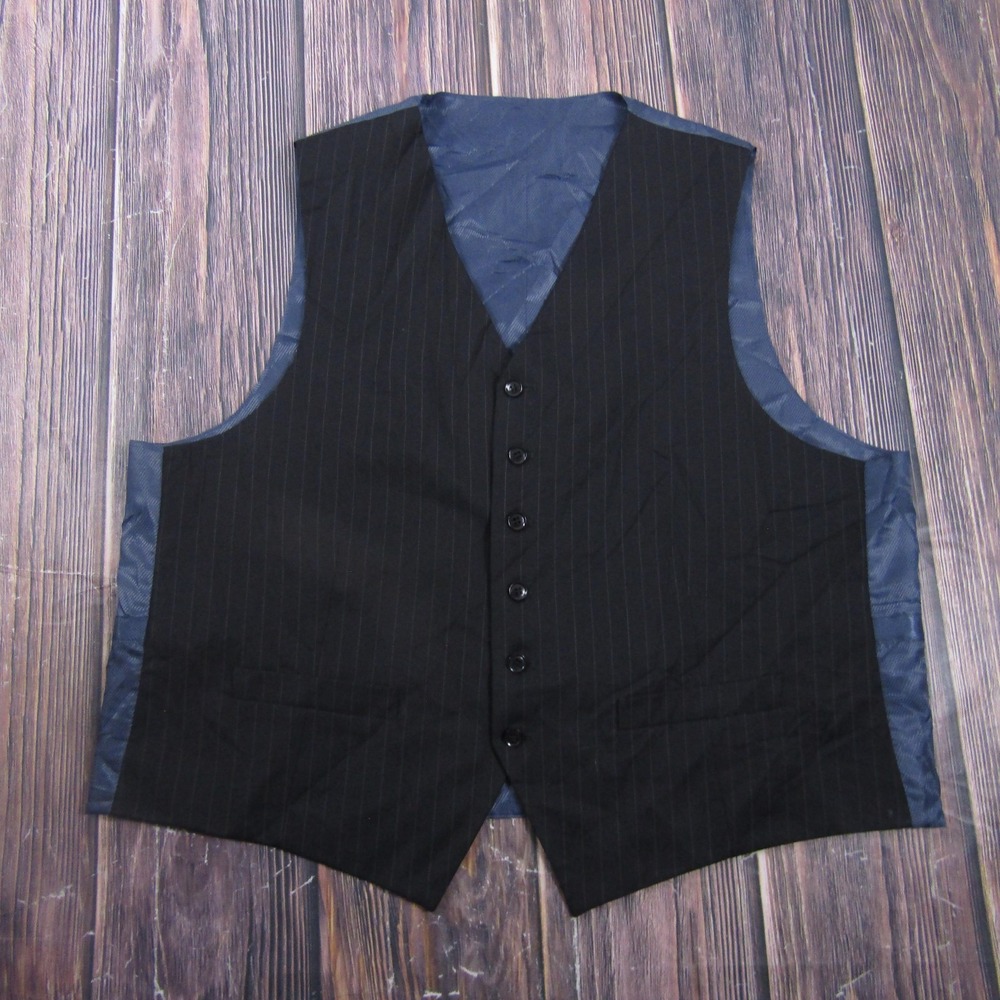 Suit Vest Mens 50 Black Striped Wool 3 Piece Belted Formal Waistcoat Wedding